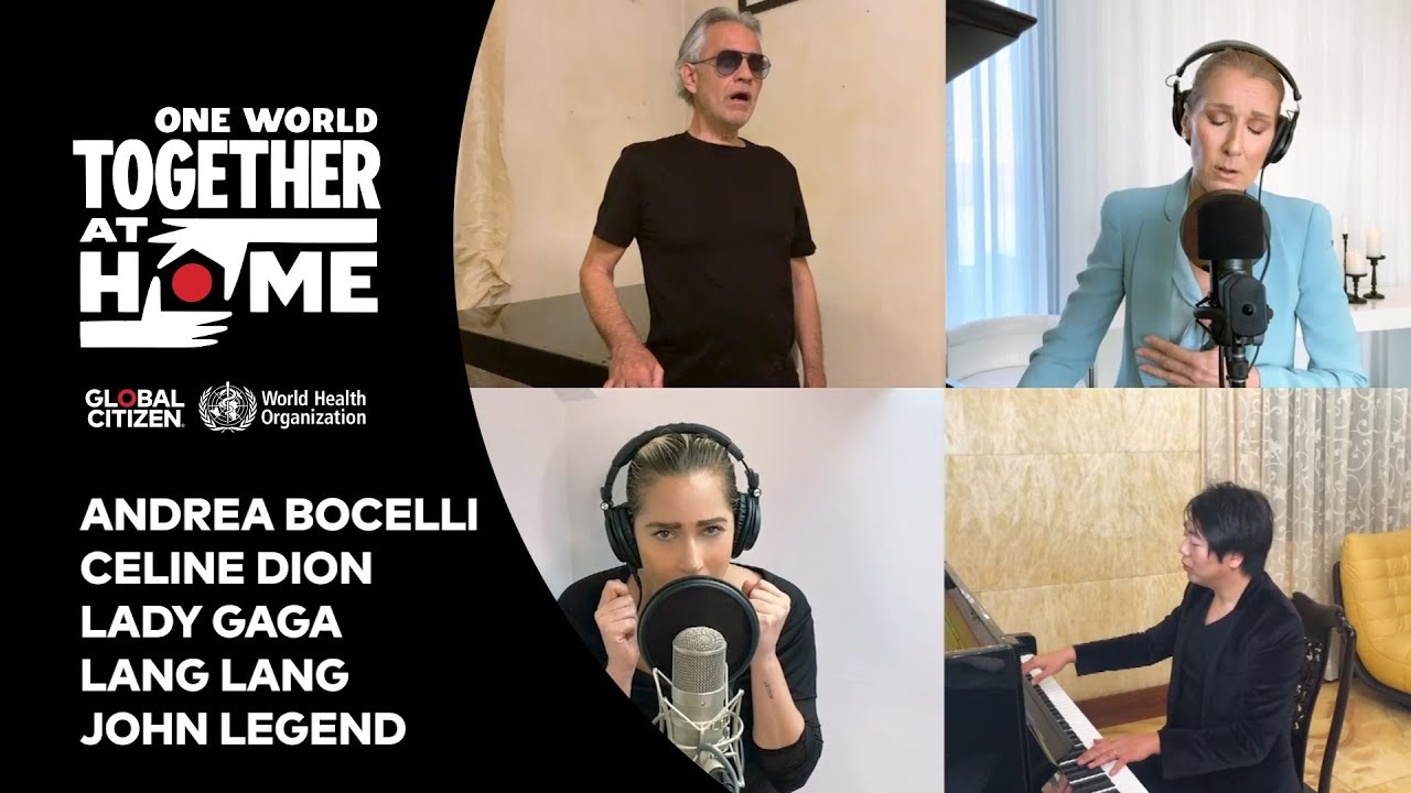 Andrea Bocelli, Celine Dion, Lady Gaga and Lang Lang performing from their homes.